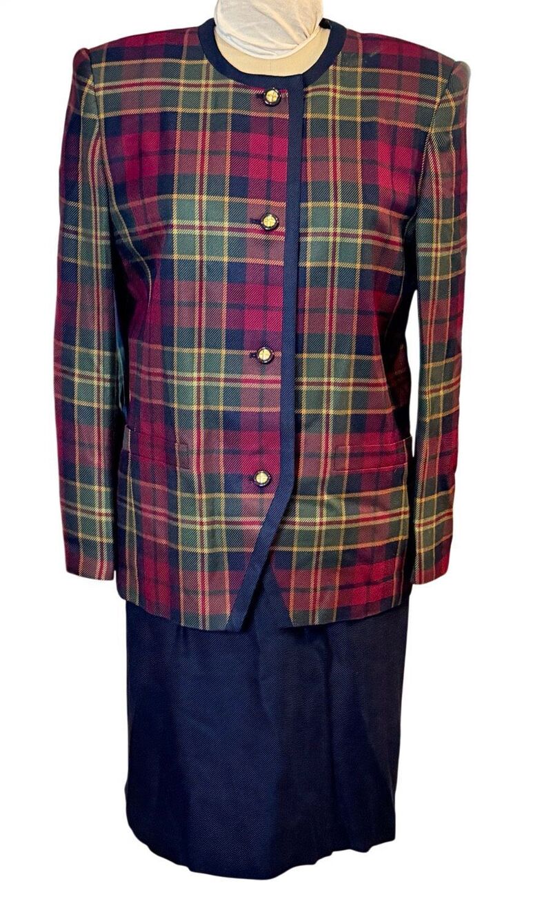 Le Suit Vintage Tartan Plaid Skirt Suit Button Front Sz. 14 Professional Academi